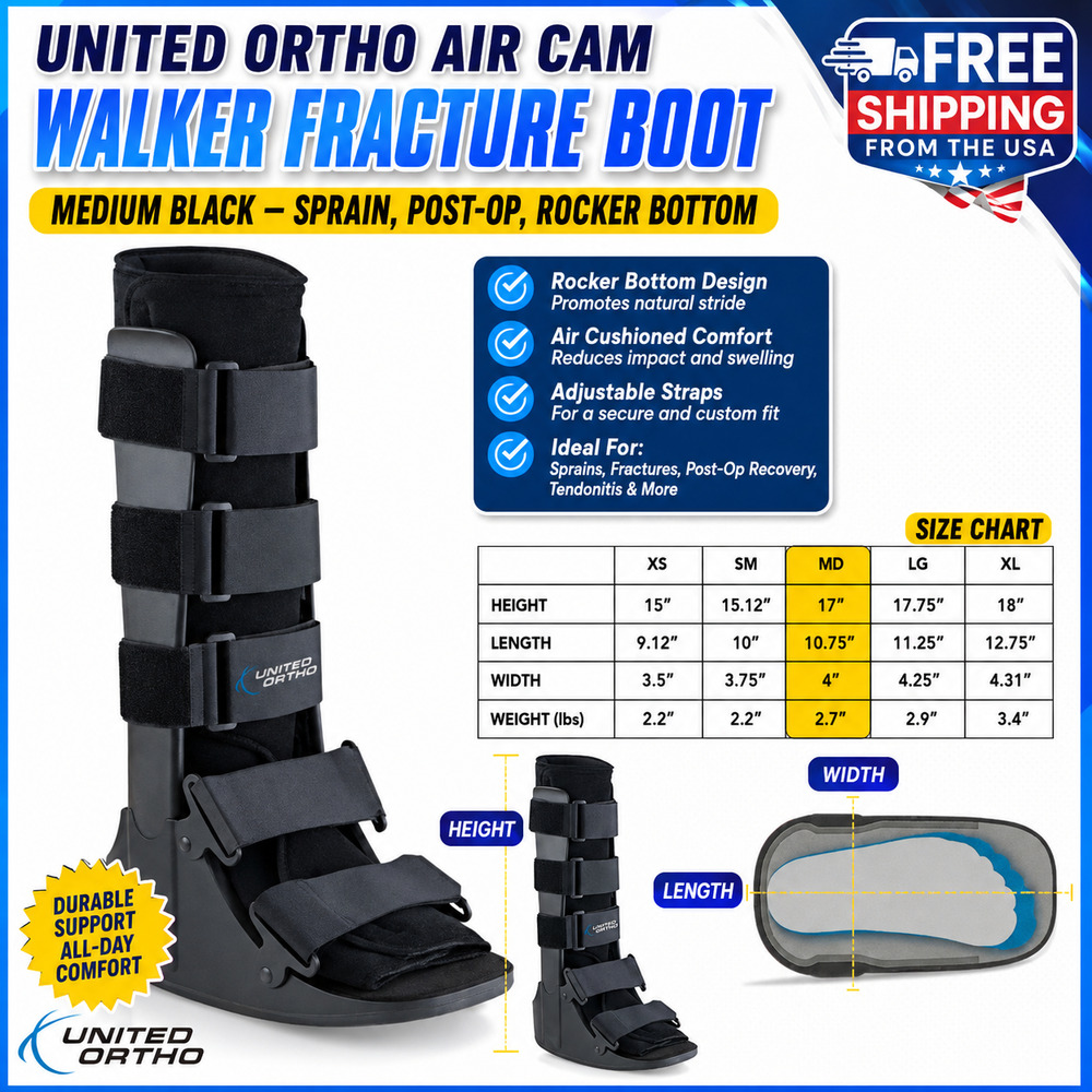 United Ortho Air Cam Walker Fracture Boot Medium Black Post-Op Sprain Rocker